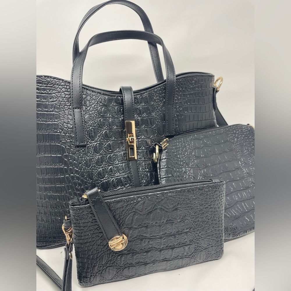 Black crocodile-pattern faux leather handbag set - Picture 5 of 5